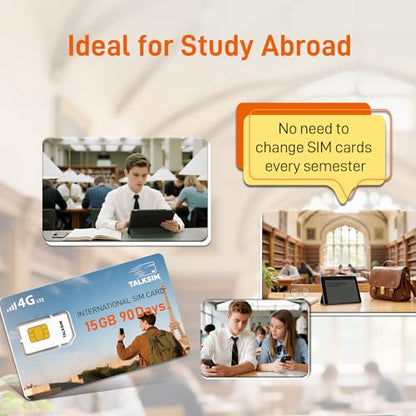 TALKSIM International Data SIM Card 15GB 90 Days, 4G LTE Coverage in 45 Countries