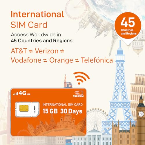 TALKSIM International Data SIM Card 15GB 30 Days, 4G LTE Coverage in 45 Countries