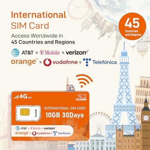 TALKSIM International Data SIM Card 10GB 30 Days, 4G LTE Coverage in 45 Countries