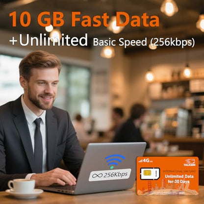 TALKSIM International Data SIM Card 10GB 30 Days, 5G/4G LTE Coverage in 50 Countries