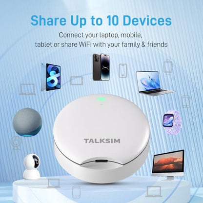TALKSIM UFO Mobile Hotspot with 5GB Data, Portable Pocket WiFi 6 & 4G LTE Hotspot MiFi Device, Support AT&T and Verizon |10 Connected Devices, USA Coverage, No Contract (White, 5GB)