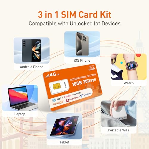 TALKSIM International Data SIM Card 10GB 30 Days, 4G LTE Coverage in 45 Countries