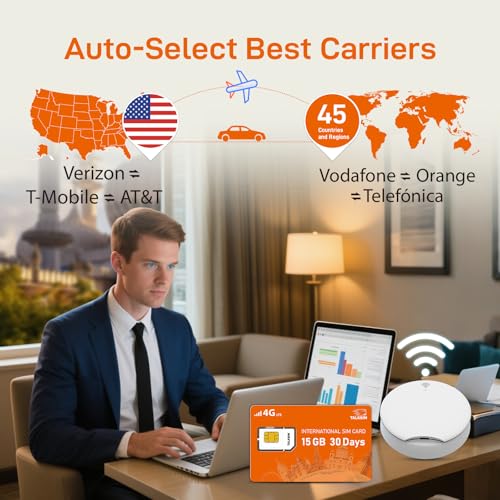 TALKSIM International Data SIM Card 15GB 30 Days, 4G LTE Coverage in 45 Countries