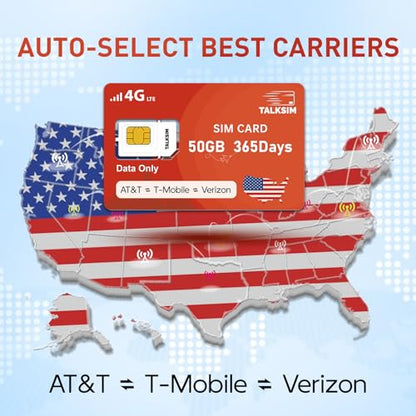 TALKSIM Data SIM Card 50GB 365 Days Works with Verizon, AT&T and T-Mobile