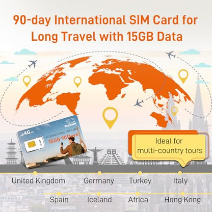 TALKSIM International Data SIM Card 15GB 90 Days, 4G LTE Coverage in 45 Countries