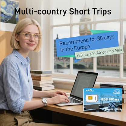 TALKSIM International Data SIM Card 12GB 60 Days, 4G LTE Coverage in 45 Countries