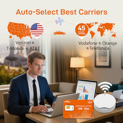 TALKSIM International Data SIM Card 1GB 1 Days, 4G LTE Coverage in 45 Countries