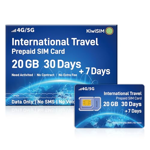KiwiSIM International Sim Card for Travel, 20GB Data Only 30+7 Days Prepaid SIM Card