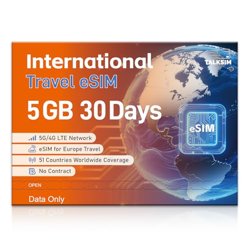 TALKSIM International Data eSIM Card 5GB 30 Days, 5G/4G LTE Coverage in 50 Countries