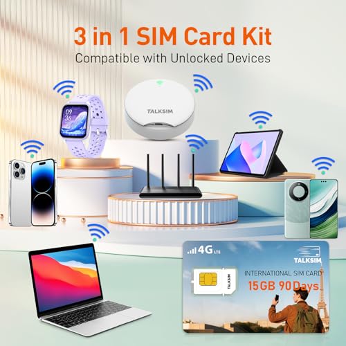TALKSIM International Data SIM Card 15GB 90 Days, 4G LTE Coverage in 45 Countries