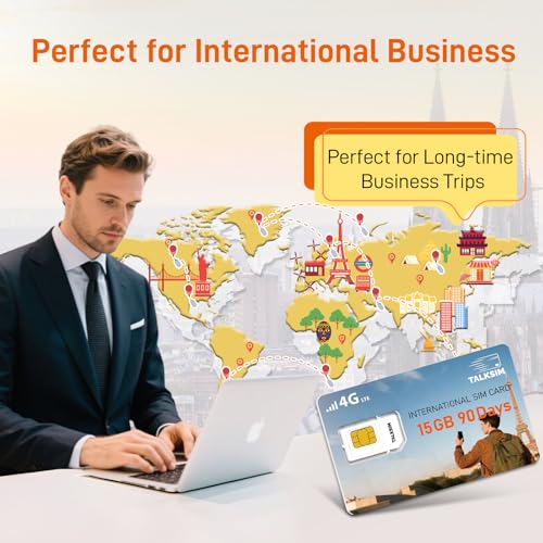 TALKSIM International Data SIM Card 15GB 90 Days, 4G LTE Coverage in 45 Countries