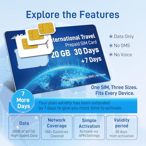 KiwiSIM International Sim Card for Travel, 20GB Data Only 30+7 Days Prepaid SIM Card