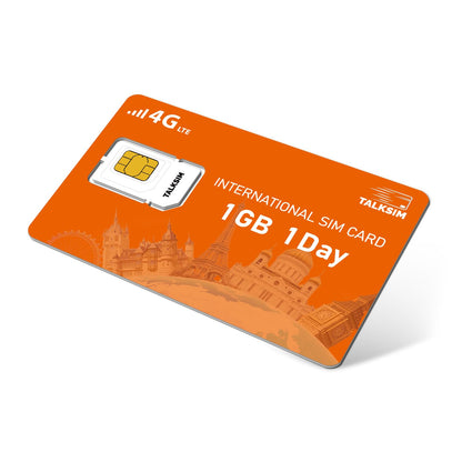 TALKSIM International Data SIM Card 1GB 1 Days, 4G LTE Coverage in 45 Countries
