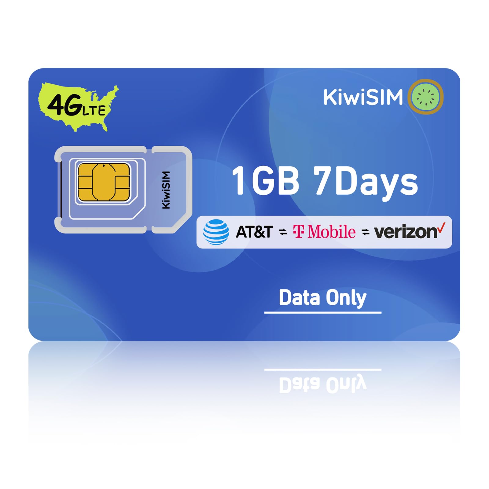 KiwiSIM 4G LTE SIM Card 1GB 7 Days, US Data Only Sim Card for AT&T/T-Mobile/Verizon