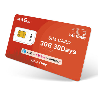 TALKSIM Data SIM Card 3GB 30 Days Support AT&T, Verizon and T-Mobile, 5G/4G LTE Prepaid USA SIM Card Compatible with Unlocked GPS Tracker/Mobile WiFi Hotspot/Smart Watch/Tablet iot Devices