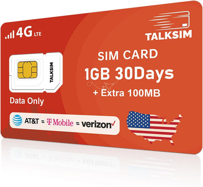 TALKSIM Data SIM Card 1.1GB 30 Days Support Verizon, AT&T and T-Mobile, 4G LTE USA SIM Compatible with Unlocked Security Camera/GPS Tracker/Router/Mobile WiFi Hotspot/Tablet iot Devices