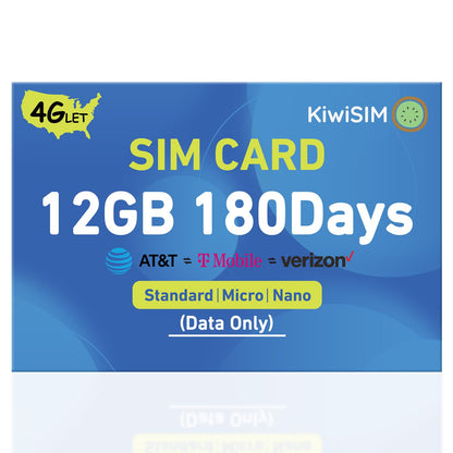 KiwiSIM USA Data SIM Card, 12GB 180 Days, 4G LTE SIM Support for 3 Network