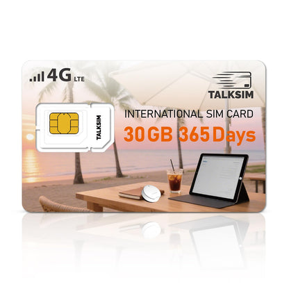 TALKSIM International Data SIM Card 30GB 365 Days, 4G LTE Coverage in 45 Countries