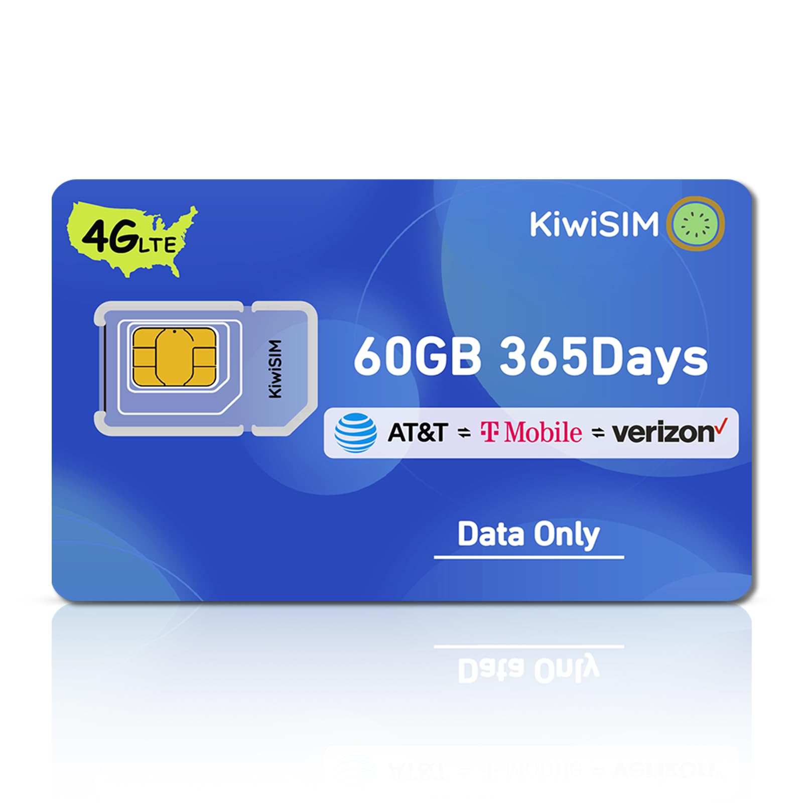 KiwiSIM US SIM Card 60GB for 365 Days, 4G LTE Data SIM Card Support for 3 Network