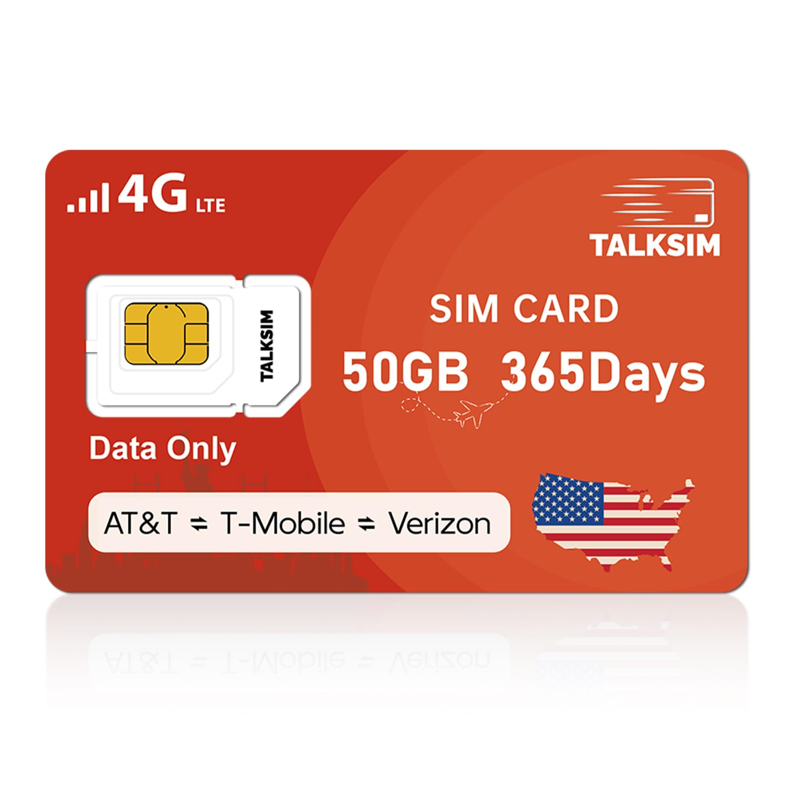 TALKSIM Data SIM Card 50GB 365 Days Works with Verizon, AT&T and T-Mobile