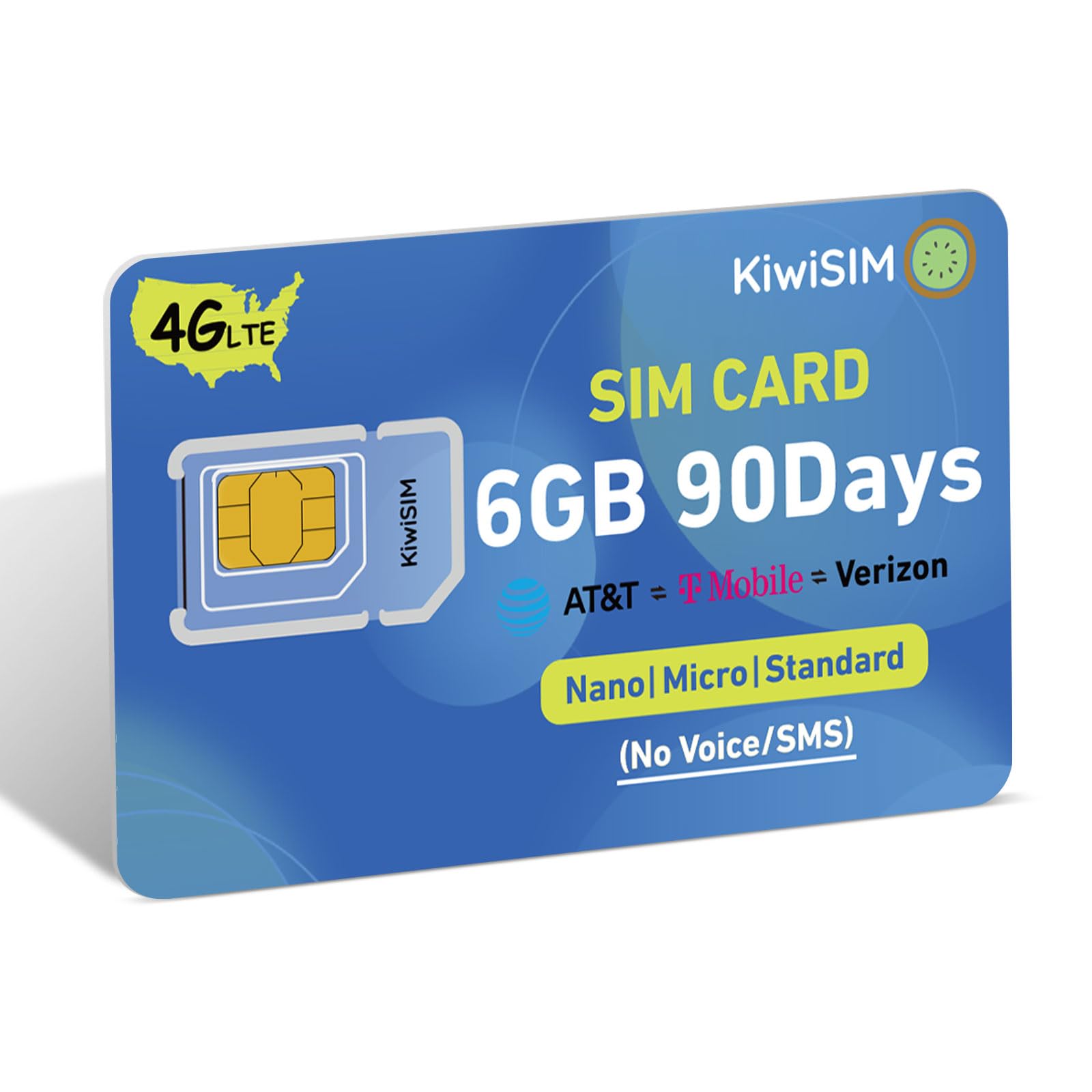 KiwiSIM Data SIM Card USA, 6GB 90 Days SIM Card Support for AT&T, T-Mobile, Verizon, 4G LTE SIM Card for Security Cameras/Mobile WiFi Hotspot, 3-in-1 SIM Kit
