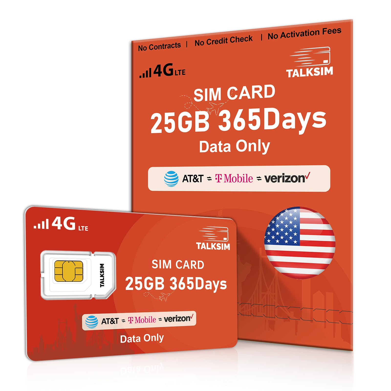 TALKSIM Data SIM Card 25GB 365 Days Support AT&T, T-Mobile and Verizon