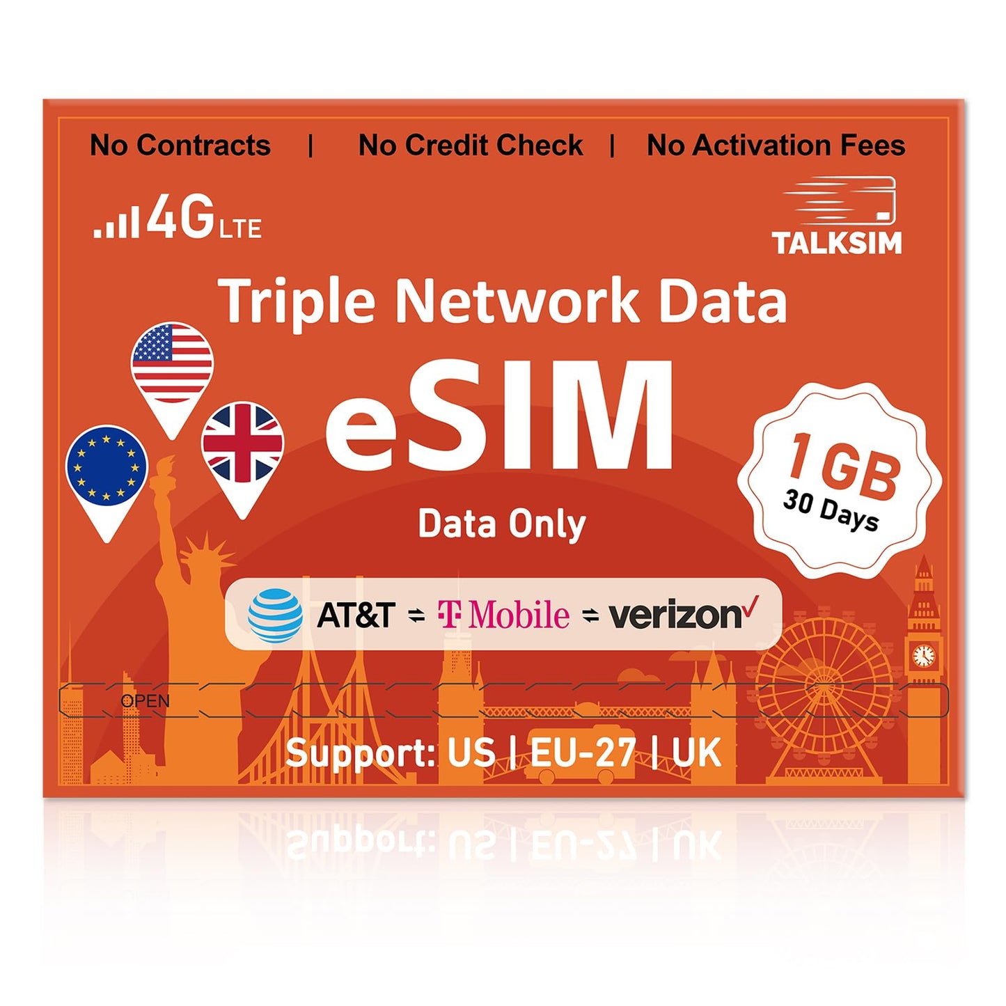 TALKSIM Data eSIM 1GB 30 Days, Travel SIM for USA/Europe/UK