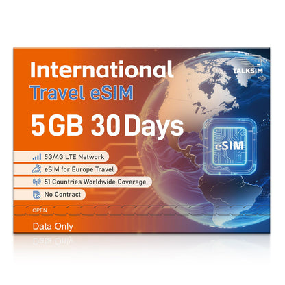 TALKSIM International Data eSIM Card 5GB 30 Days, 5G/4G LTE Coverage in 50 Countries