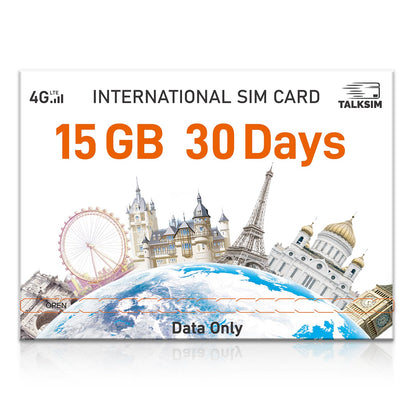 TALKSIM International Data SIM Card 15GB 30 Days, 4G LTE Coverage in 45 Countries