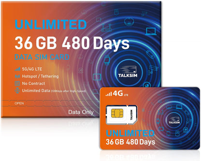 TALKSIM USA Unlimited Data SIM Card – 36GB High-Speed, 480 Days, AT&T & Verizon