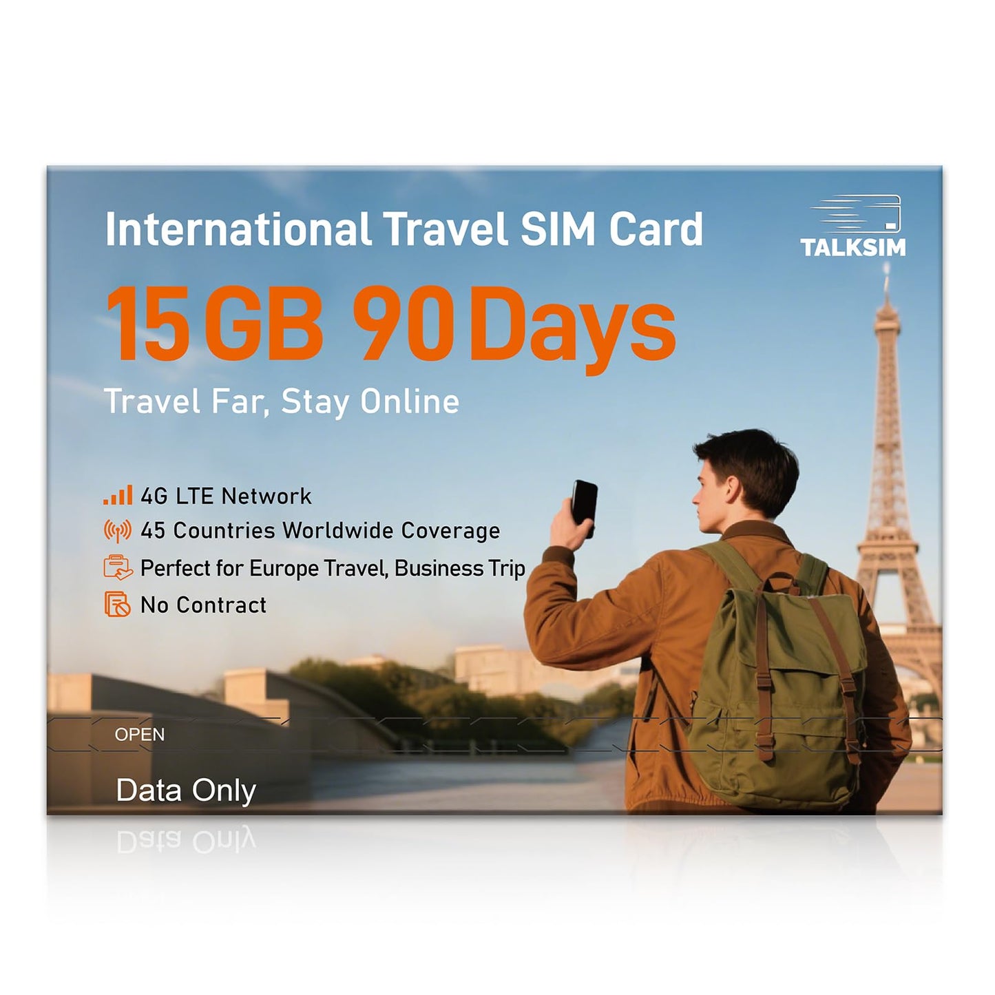 TALKSIM International Data SIM Card 15GB 90 Days, 4G LTE Coverage in 45 Countries