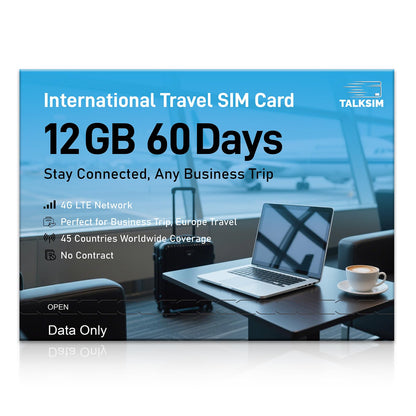 TALKSIM International Data SIM Card 12GB 60 Days, 4G LTE Coverage in 45 Countries