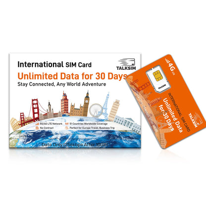 TALKSIM International Data SIM Card 10GB 30 Days, 5G/4G LTE Coverage in 50 Countries