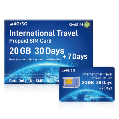 KiwiSIM International Sim Card for Travel, 20GB Data Only 30+7 Days Prepaid SIM Card