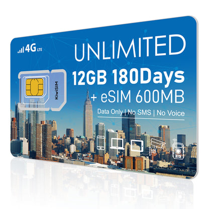 KiwiSIM 12GB SIM Card & eSIM, Unlimited SIM Data Card for Europe/USA