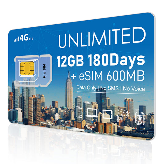 KiwiSIM 12GB SIM Card & eSIM, Unlimited SIM Data Card for Europe/USA
